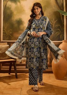 Navy Blue Printed Cotton Kurta Set