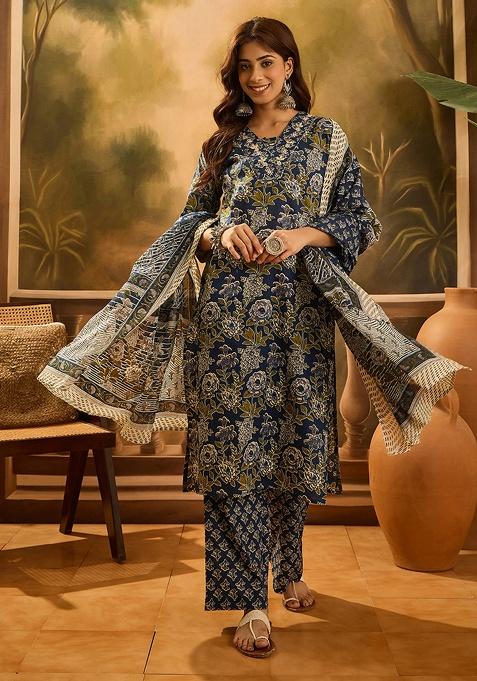 Navy Blue Printed Cotton Kurta Set