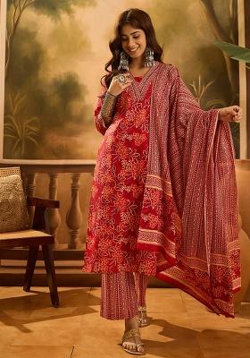 Red Printed Cotton Kurta Set