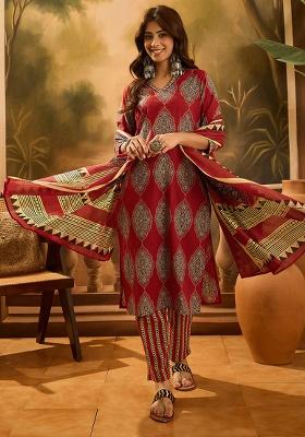 Maroon Printed Cotton Kurta Set