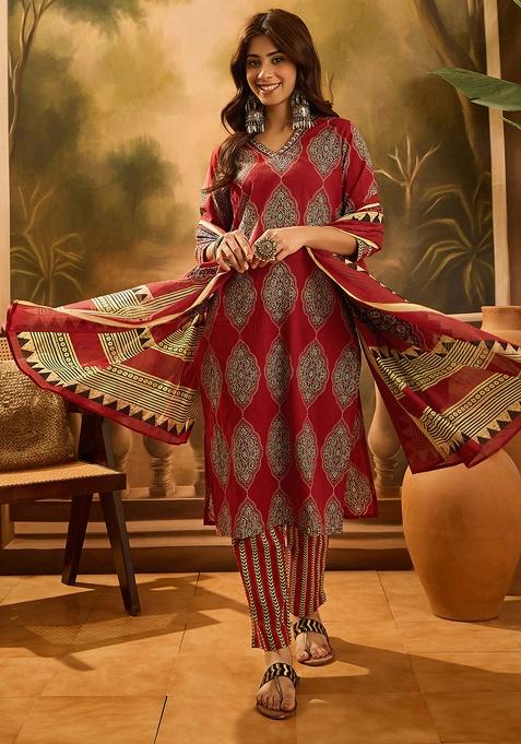 Maroon Printed Cotton Kurta Set