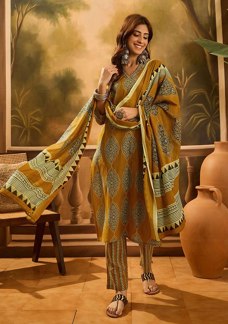 Mustard Printed Cotton Straight Kurta Set - Indya