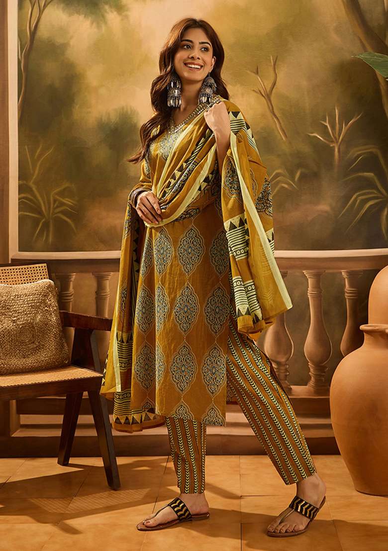 Mustard Printed Cotton Straight Kurta Set - Indya