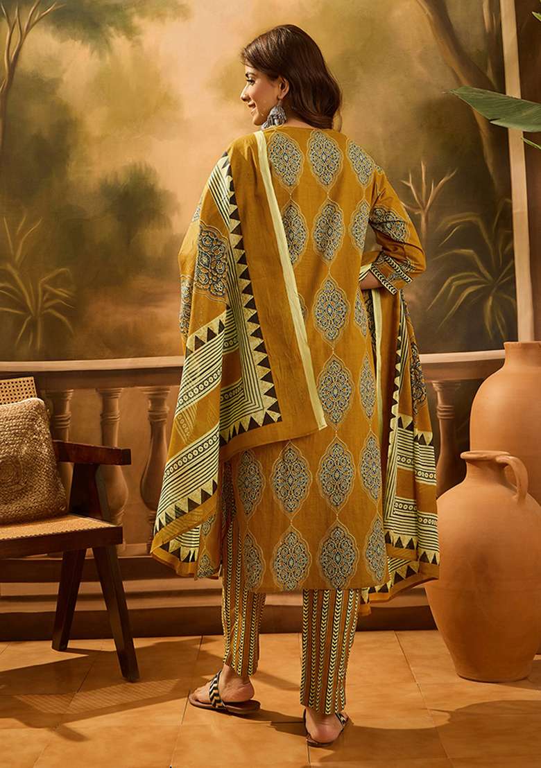 Mustard Printed Cotton Straight Kurta Set - Indya