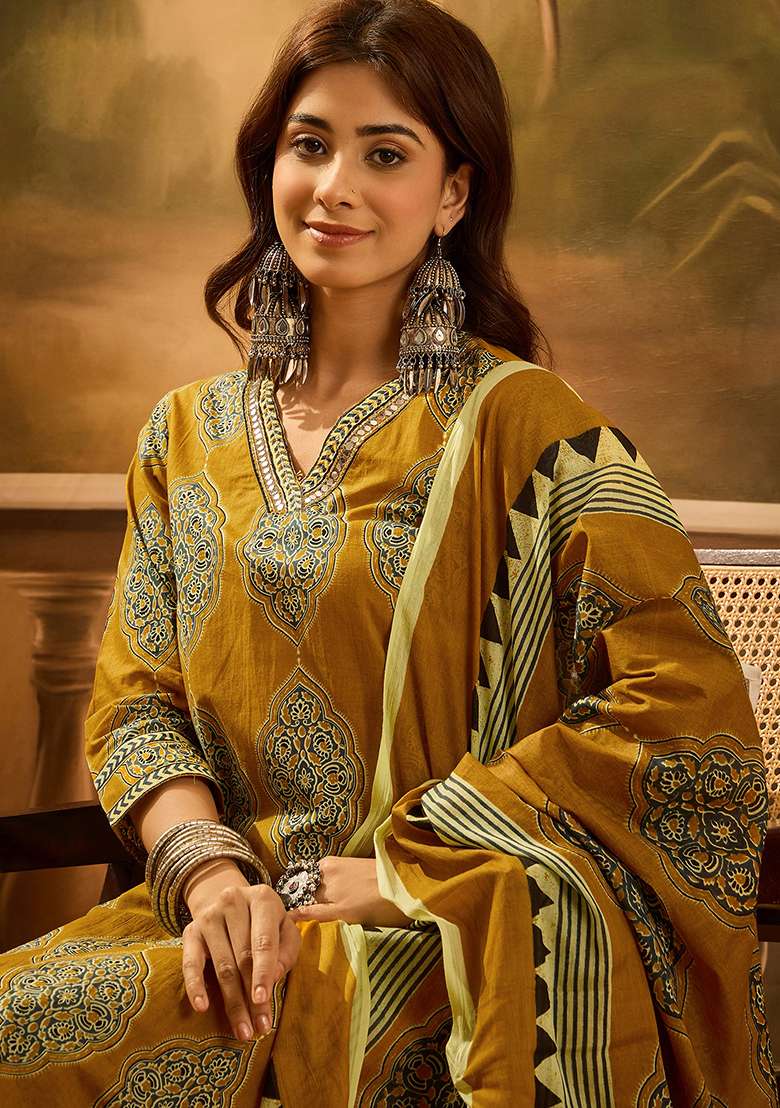 Mustard Printed Cotton Straight Kurta Set - Indya