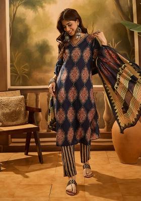 Navy Blue Printed Cotton Kurta Set