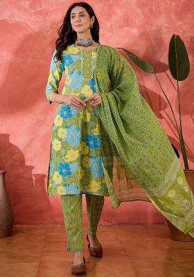 Green Printed Cotton Kurta Set