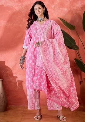 Pink Printed Cotton Kurta Set