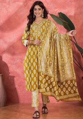 Mustard Printed Cotton Kurta Set