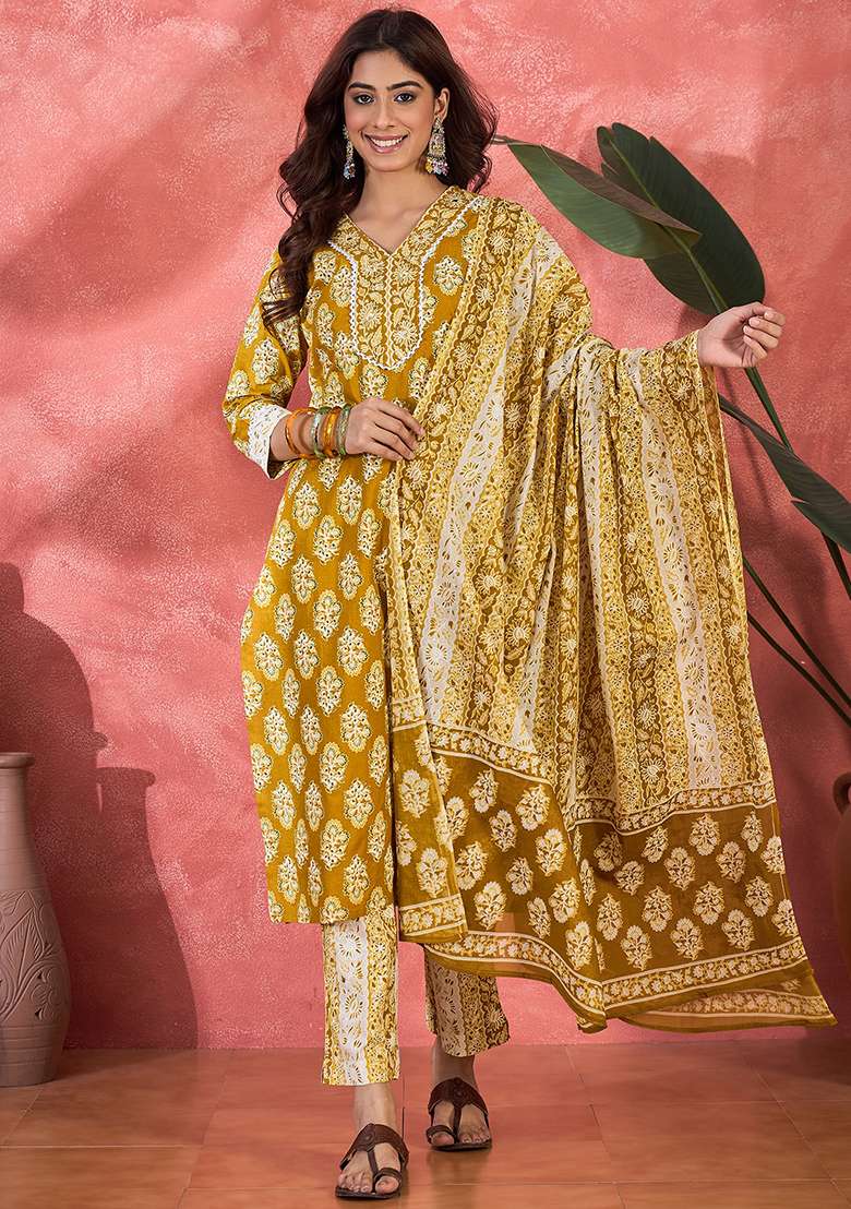 Mustard Printed Cotton Straight Kurta Set - Indya