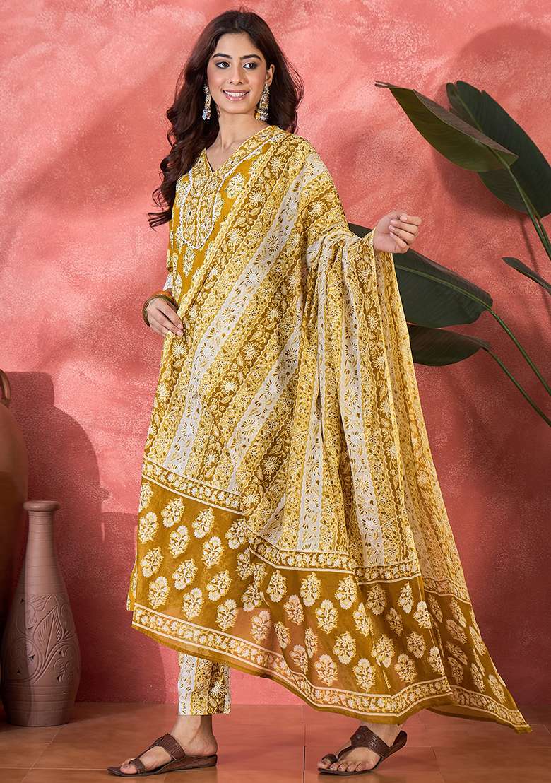 Mustard Printed Cotton Straight Kurta Set - Indya