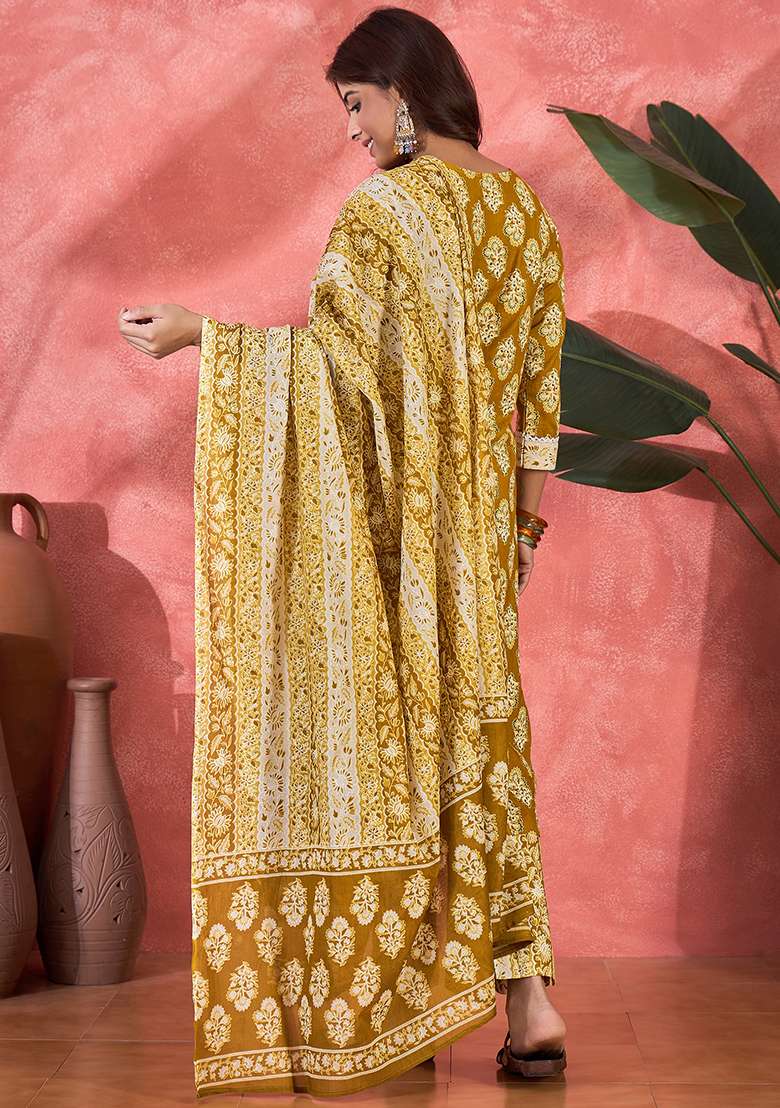 Mustard Printed Cotton Straight Kurta Set - Indya