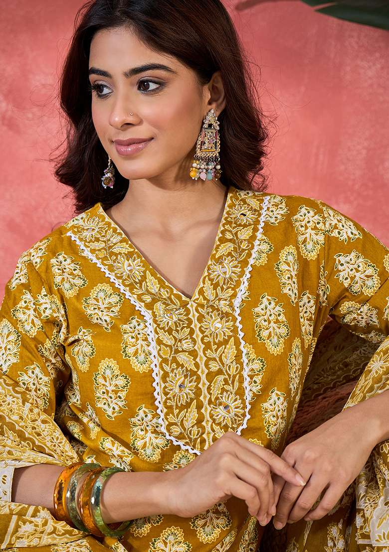 Mustard Printed Cotton Straight Kurta Set - Indya