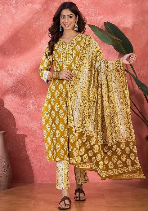 Mustard Printed Cotton Kurta Set