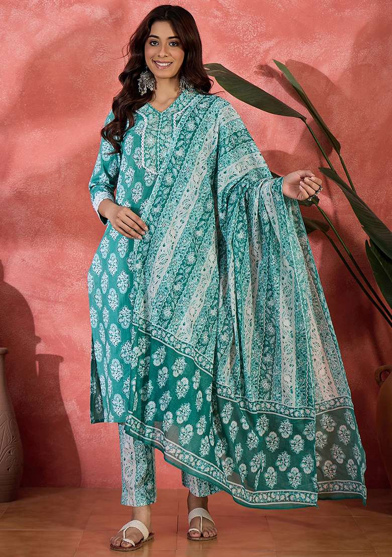 Teal Printed Cotton Straight Kurta Set - Indya