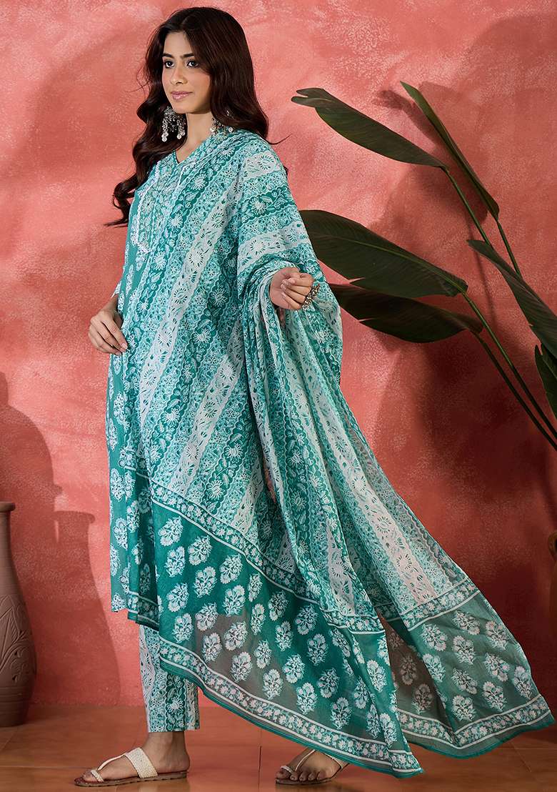 Teal Printed Cotton Straight Kurta Set - Indya