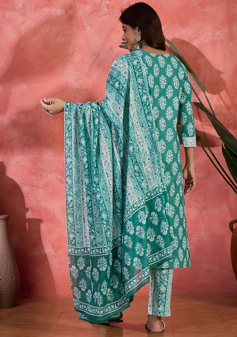 Teal Printed Cotton Straight Kurta Set - Indya