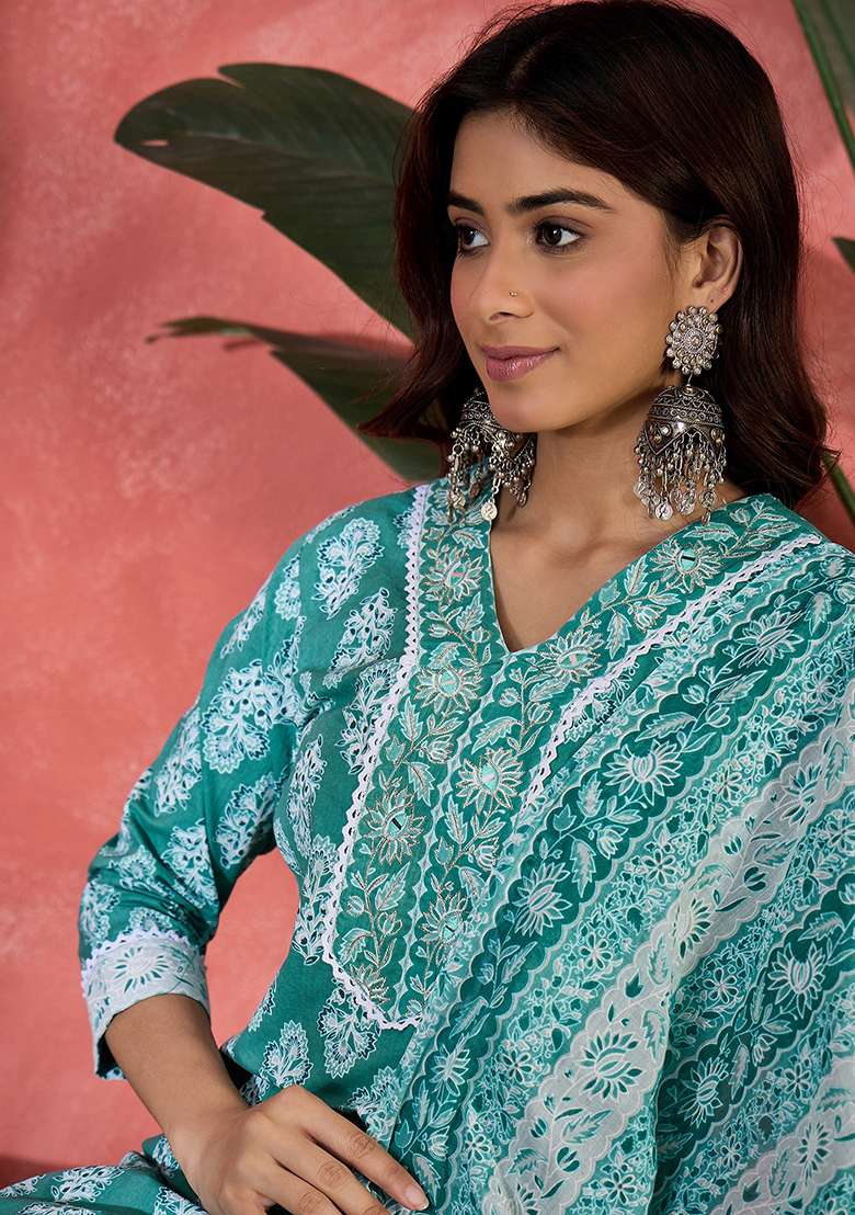 Teal Printed Cotton Straight Kurta Set - Indya