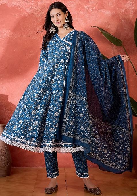 Blue Printed Cotton Kurta Set