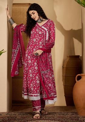 Pink Printed Cotton Kurta Set