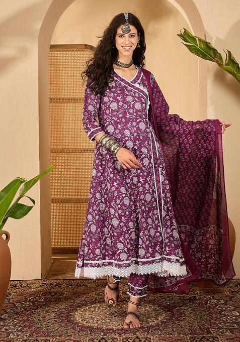 Purple Printed Cotton Kurta Set