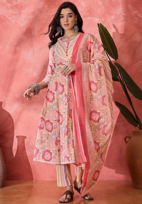 Pink Printed Cotton Kurta Set