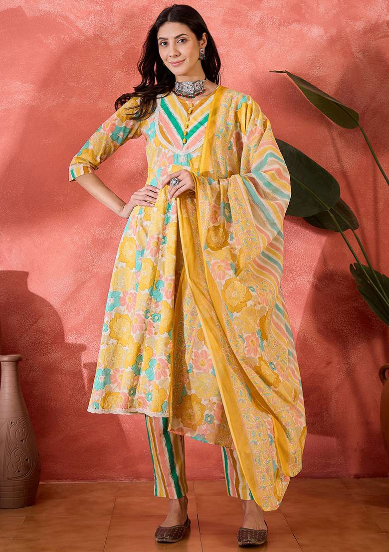 Mustard Floral Print Cotton A Line Kurta Set - Indya