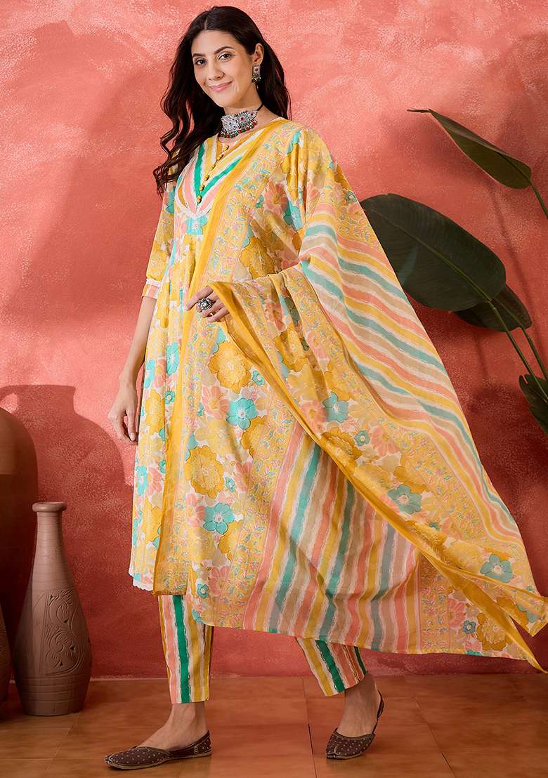 Mustard Floral Print Cotton A Line Kurta Set - Indya