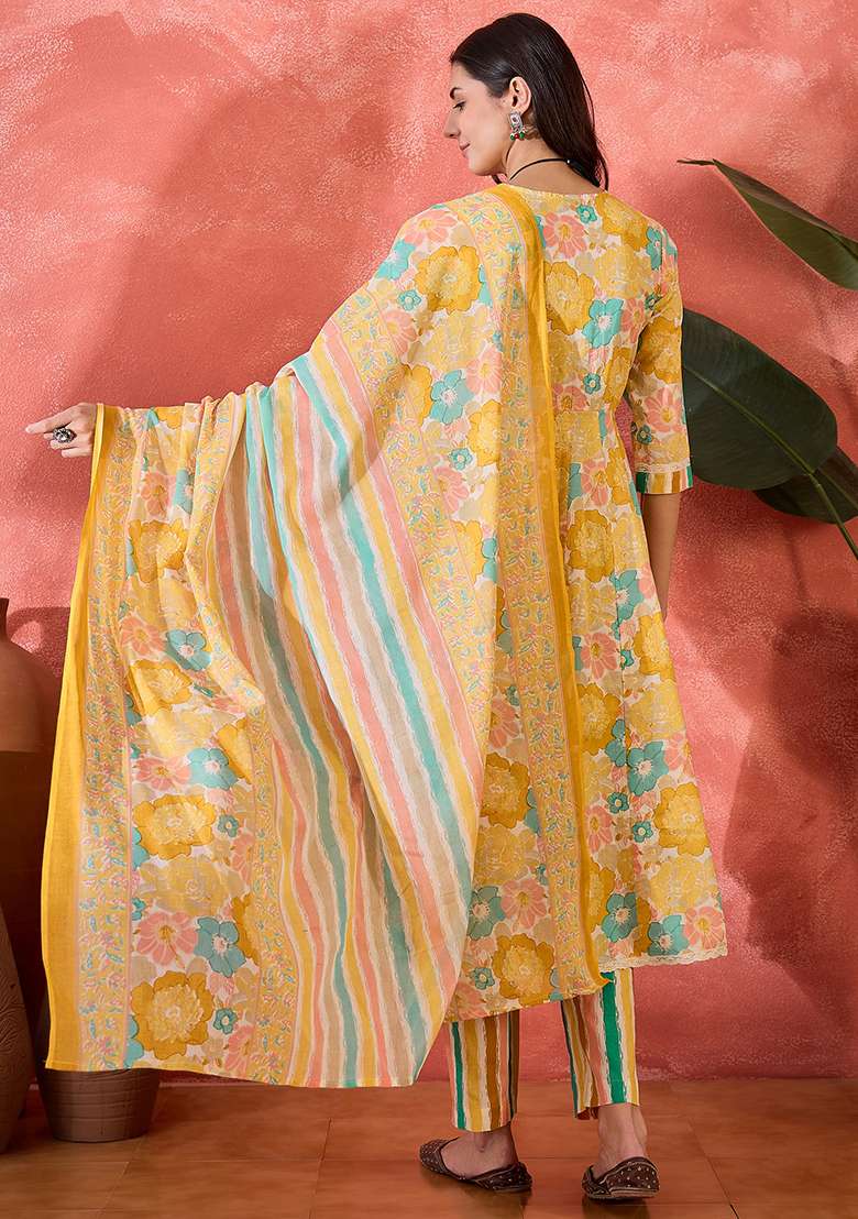Mustard Floral Print Cotton A Line Kurta Set - Indya