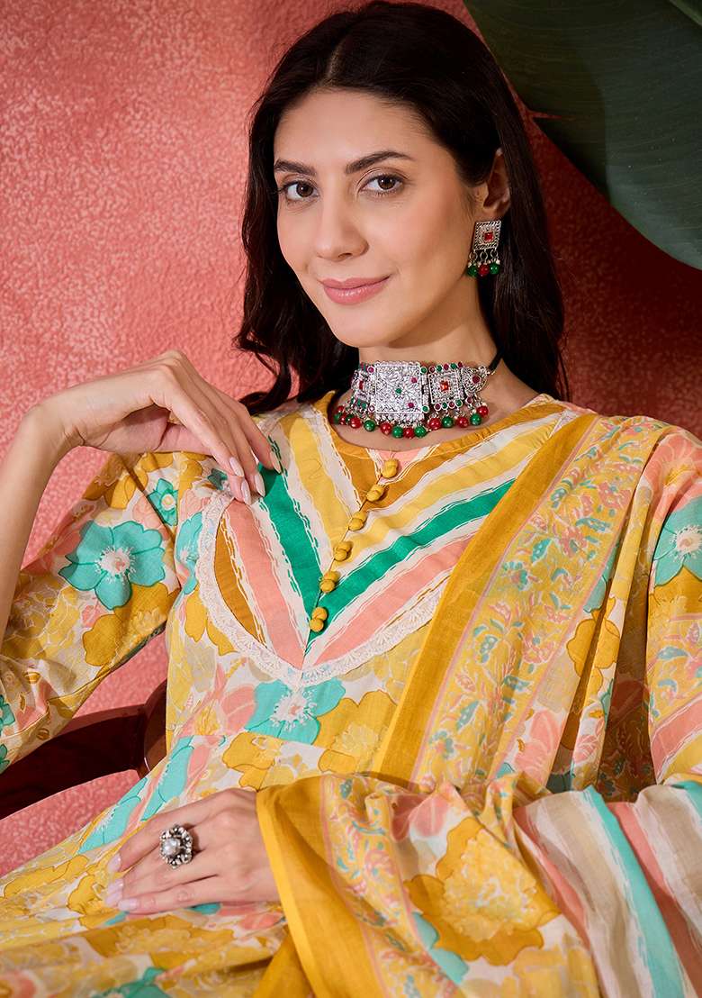 Mustard Floral Print Cotton A Line Kurta Set - Indya