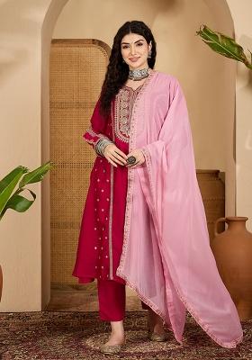 Red Embroidery Silk Kurta Set