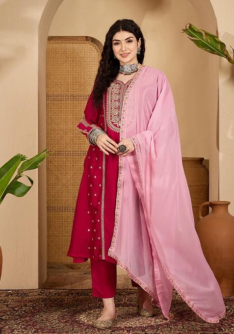 Red Embroidery Silk Kurta Set