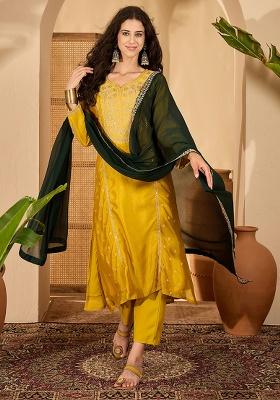 Mustard Embroidery Silk Kurta Set