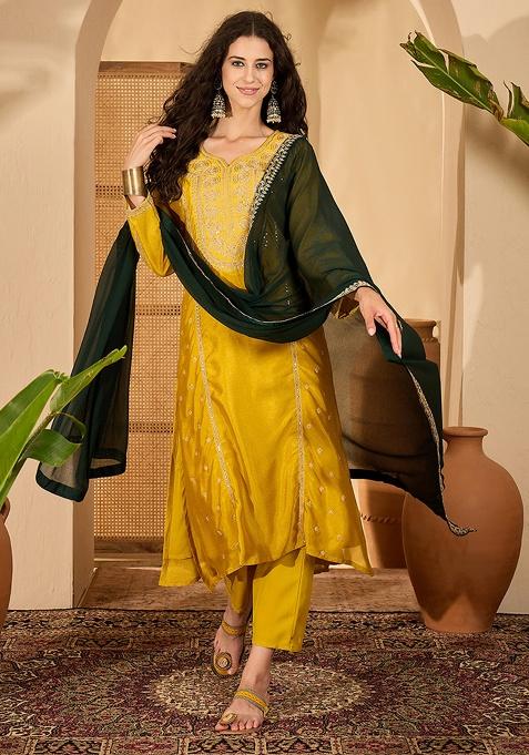 Mustard Embroidery Silk Kurta Set