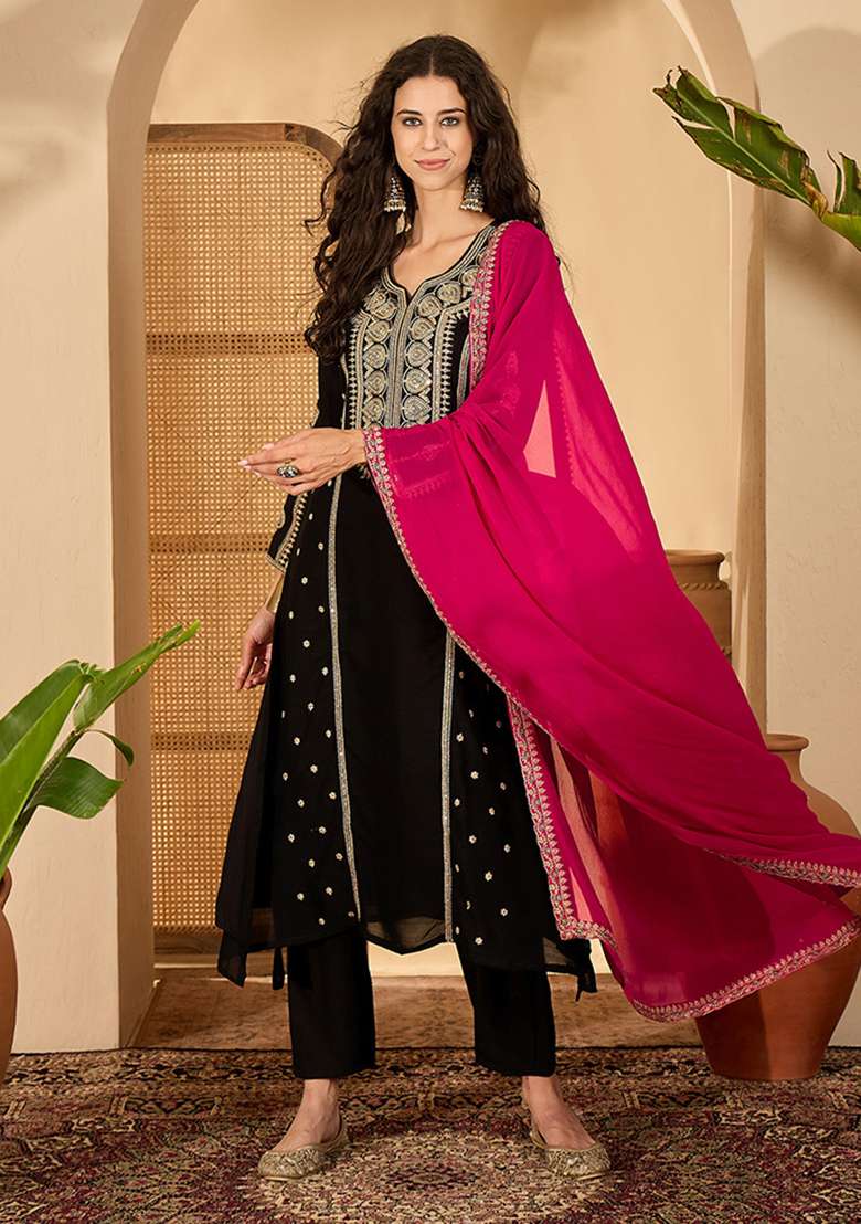 Black Embroidered Silk Blend Straight Kurta Set - Indya