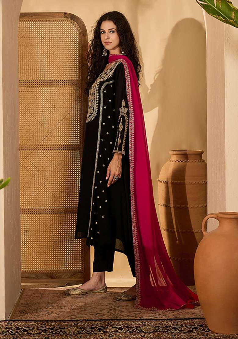 Black Embroidered Silk Blend Straight Kurta Set - Indya