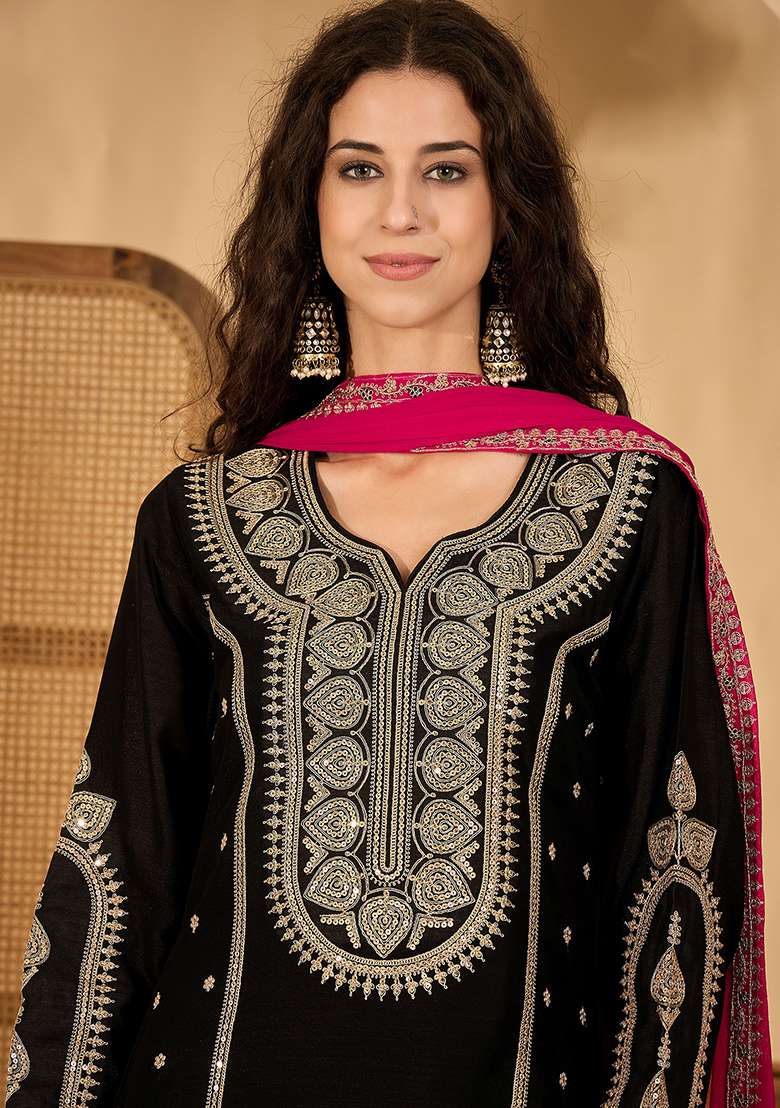 Black Embroidered Silk Blend Straight Kurta Set - Indya