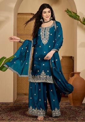 Teal Embroidery Silk Kurta Set