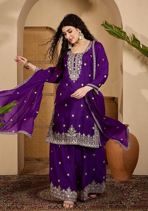 Purple Embroidery Silk Kurta Set