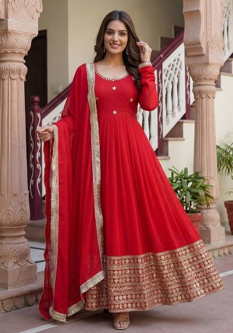 Red Zari Work Georgette Kurta Set