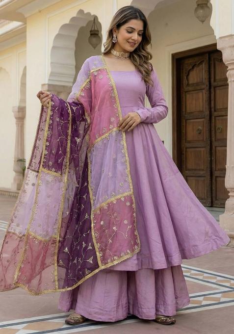 Lavender Sequins Embroidery Work Silk Kurta Set