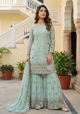 Olive Sequins Embroidery Work Georgette Kurta Set