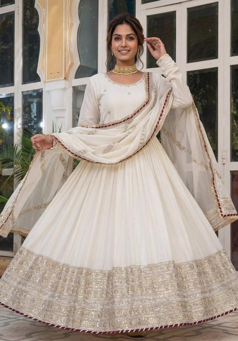 White Sequins Embroidery Work Chinnon Kurta Set