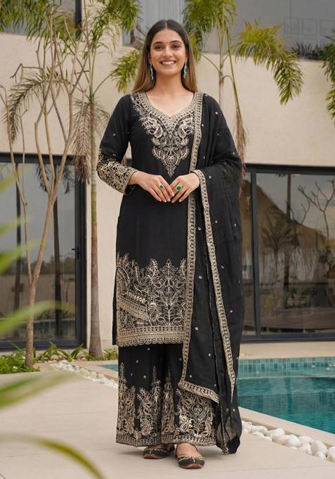 Black Sequence Codding Design Work Chinnon Kurta Set