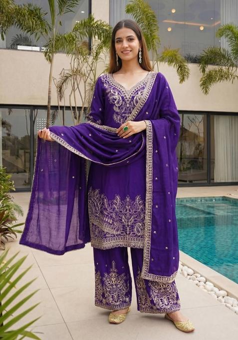 Purple Sequence Codding Design Work Chinnon Kurta Set