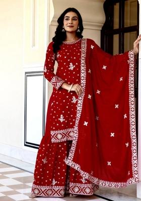 Maroon Embroidery Sequence Zari Silk Kurta Set