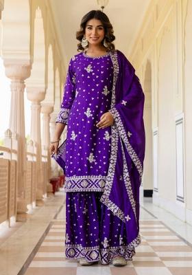 Purple Embroidery Sequence Zari Silk Kurta Set