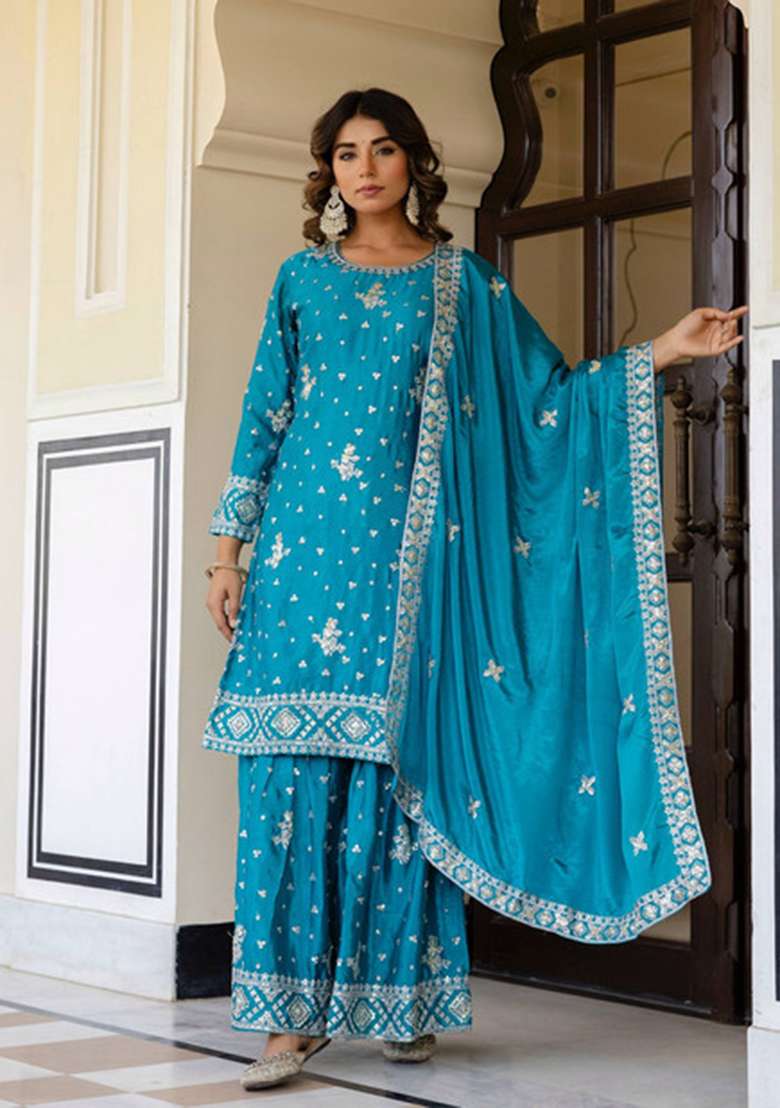Sky Blue Embroidered Silk Blend Sharara Set - Indya