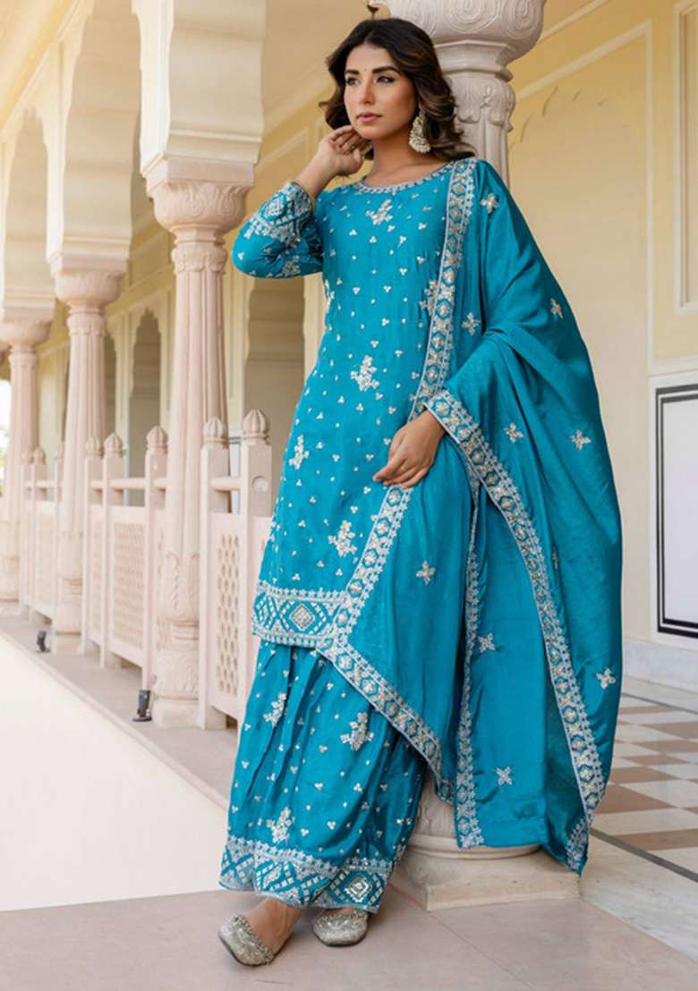 Sky Blue Embroidered Silk Blend Sharara Set - Indya