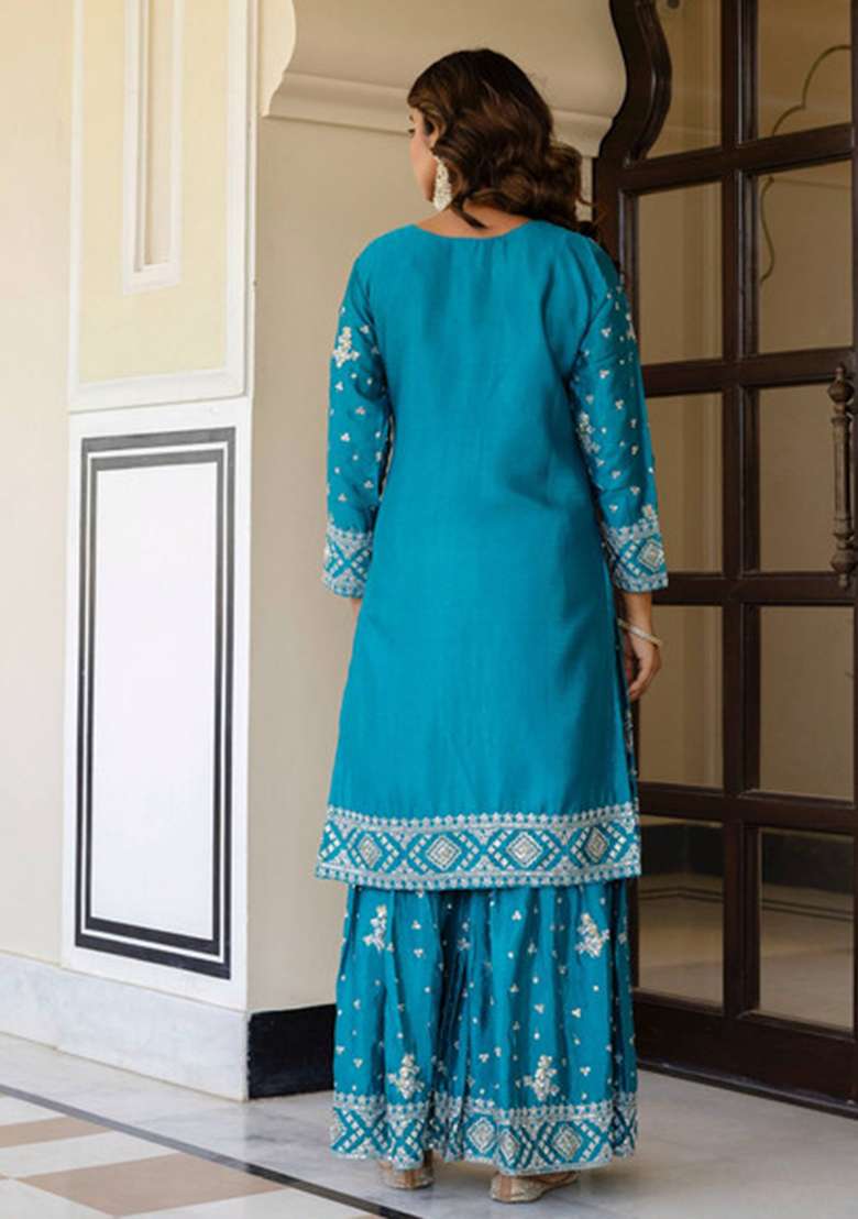 Sky Blue Embroidered Silk Blend Sharara Set - Indya